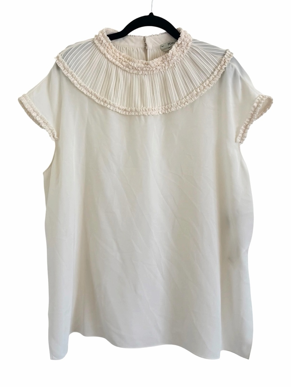 Fendi Cream Pleated Ruffle Collar Sleeveless Blouse Top